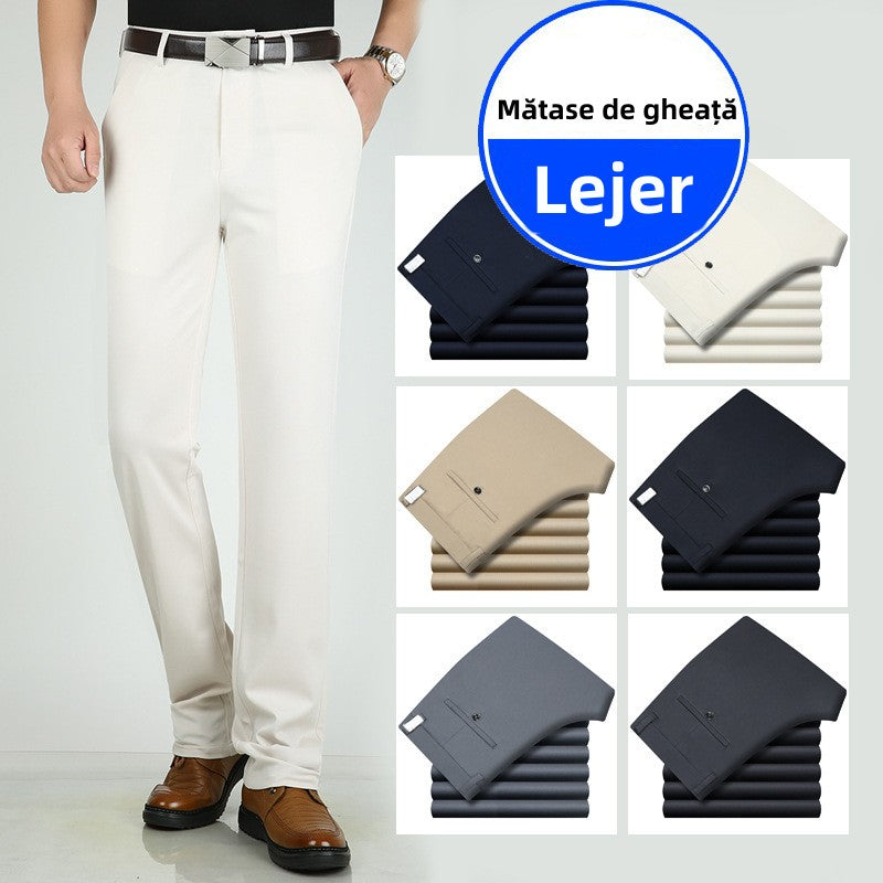 👖👖【45-110KG】Jar Leto Pánske Slim Business Nohavice Ležérne Elastické Ľadové Hodvábne Rovné Široké nohavice bez žehlenia